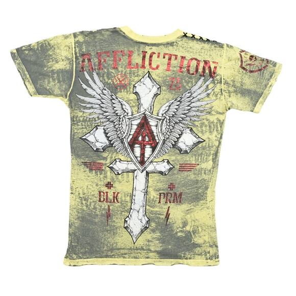 Y2K Affliction Men's Yellow Cotton T-Shirt Size L Made in USA Short Sleeve - Picture 1 of 7